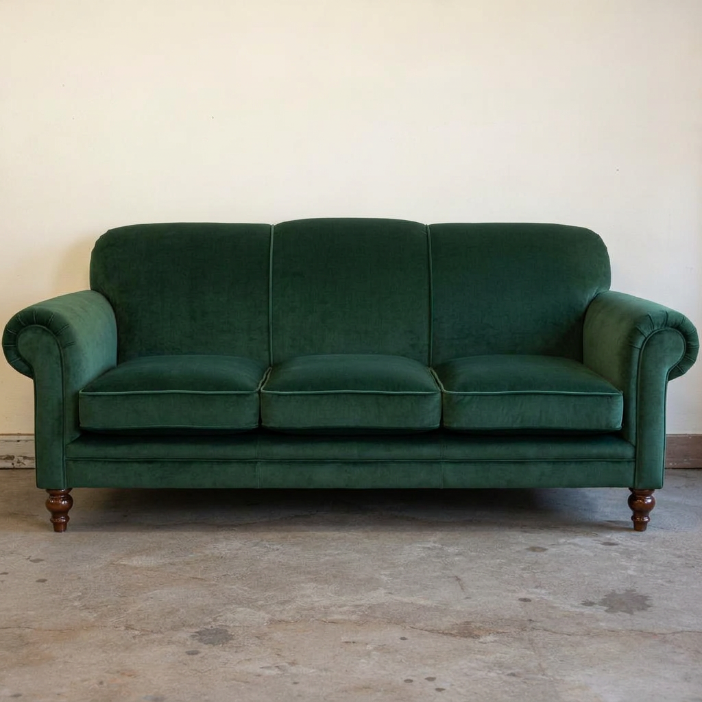 After restoration — Three-seater sofa · Forest green velvet re-upholstery