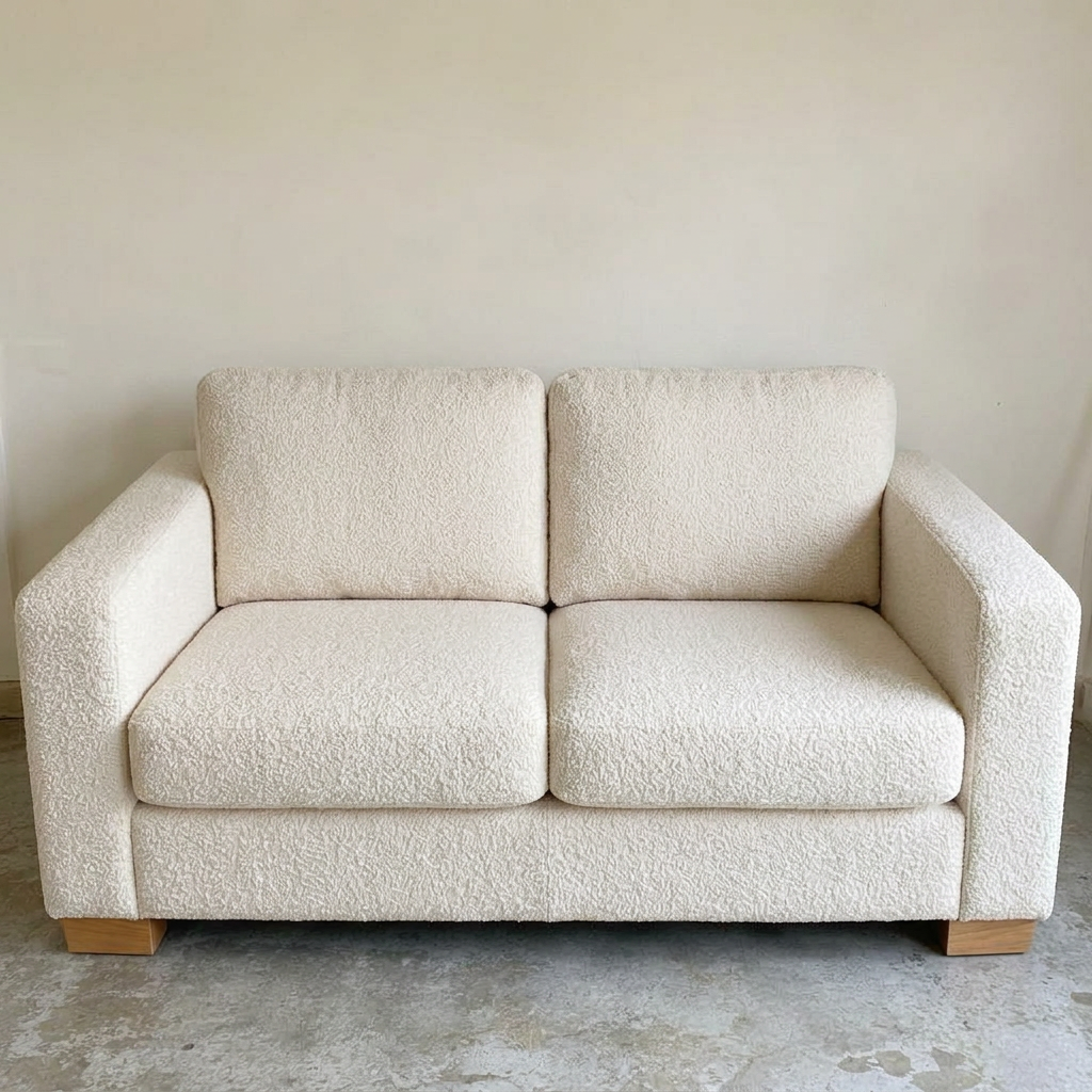 After restoration — Two-seater sofa · Ivory boucle fabric change